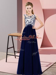 Scoop Sleeveless Bridesmaids Dress Floor Length Beading and Appliques Royal Blue Chiffon
