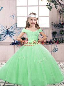 Tulle Lace Up Off The Shoulder Sleeveless Floor Length Girls Pageant Dresses Lace and Belt