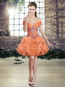 Inexpensive Orange Off The Shoulder Neckline Beading and Ruffles Prom Gown Sleeveless Lace Up