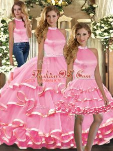 Fine Pink Backless Halter Top Beading and Ruffled Layers Ball Gown Prom Dress Organza Sleeveless