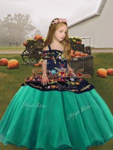 Turquoise Sleeveless Embroidery Floor Length Girls Pageant Dresses