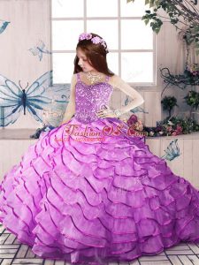 Lilac Ball Gowns Organza Straps Sleeveless Ruffled Layers Lace Up Little Girl Pageant Gowns Court Train