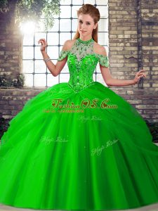 Customized Sleeveless Beading and Pick Ups Lace Up Sweet 16 Dress with Green Brush Train