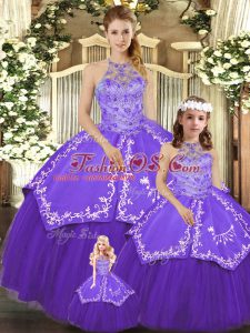Purple Sleeveless Satin and Tulle Lace Up Ball Gown Prom Dress for Military Ball and Sweet 16 and Quinceanera