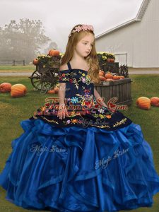 Blue Ball Gowns Organza Straps Sleeveless Embroidery and Ruffles Floor Length Lace Up Kids Formal Wear