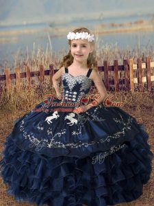Navy Blue Organza Lace Up Girls Pageant Dresses Sleeveless Floor Length Embroidery and Ruffled Layers