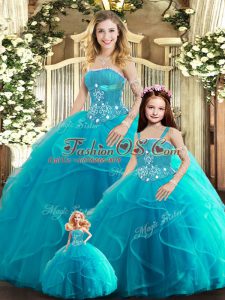 Aqua Blue Sleeveless Tulle Lace Up Vestidos de Quinceanera for Sweet 16 and Quinceanera