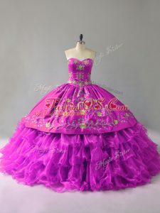 Cheap Purple Sleeveless Floor Length Embroidery and Ruffles Lace Up Vestidos de Quinceanera