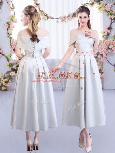 Fashion Tea Length Silver Damas Dress Scoop Short Sleeves Lace Up