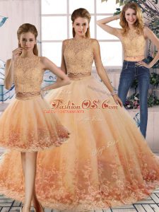 Admirable Peach Scalloped Neckline Lace Ball Gown Prom Dress Sleeveless Backless