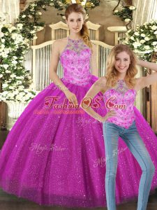 Sleeveless Tulle Floor Length Lace Up Sweet 16 Quinceanera Dress in Fuchsia with Beading