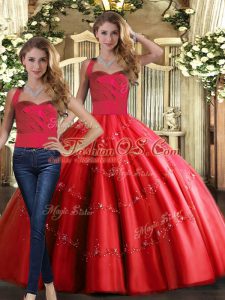 Red Tulle Lace Up Sweet 16 Quinceanera Dress Sleeveless Floor Length Appliques
