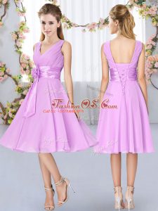 Empire Court Dresses for Sweet 16 Lilac V-neck Chiffon Sleeveless Knee Length Lace Up