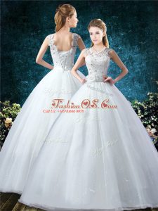 Free and Easy White Ball Gowns Tulle Scoop Sleeveless Lace and Hand Made Flower Floor Length Lace Up Wedding Dresses