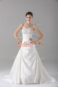 Super Sleeveless Satin Brush Train Lace Up Wedding Gown in White with Beading