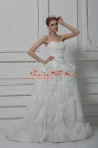 White Sleeveless Brush Train Belt Wedding Dresses