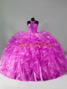 Classical Lilac Zipper Quinceanera Gown Beading and Ruffles Sleeveless Brush Train