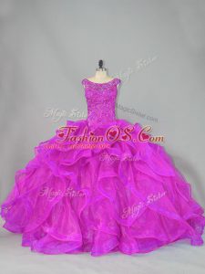 Fuchsia Quinceanera Gown Sweet 16 and Quinceanera with Beading Scoop Sleeveless Brush Train Lace Up