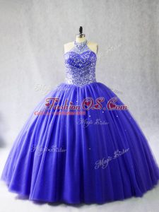 Dazzling Blue Sweet 16 Dresses Sweet 16 and Quinceanera with Beading Halter Top Sleeveless Brush Train Lace Up