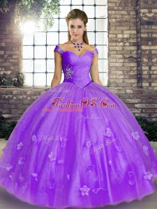 Decent Off The Shoulder Sleeveless Lace Up Quinceanera Gown Lavender Tulle