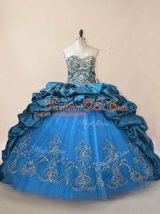Colorful Blue Sweet 16 Quinceanera Dress Taffeta Brush Train Sleeveless Beading and Pick Ups