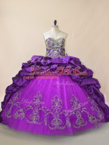 Fashionable Purple Ball Gowns Sweetheart Sleeveless Taffeta and Tulle Brush Train Lace Up Beading and Pick Ups Ball Gown Prom Dress