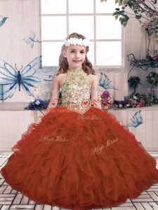 Glorious Ball Gowns Pageant Gowns For Girls Rust Red High-neck Tulle Sleeveless Floor Length Lace Up