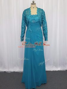 Adorable Blue Column/Sheath Chiffon Strapless Sleeveless Lace and Appliques Floor Length Zipper Mother Of The Bride Dress