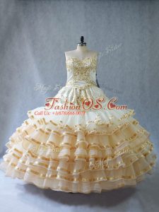 Sexy Champagne Organza Lace Up Sweetheart Sleeveless Floor Length Sweet 16 Dress Embroidery and Ruffled Layers