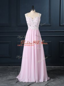 Dynamic Baby Pink Backless Prom Gown Beading and Lace Cap Sleeves Floor Length