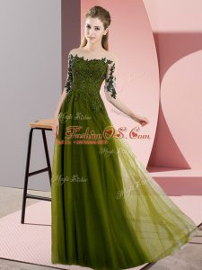 Luxury Olive Green Lace Up Bateau Beading and Lace Wedding Party Dress Chiffon Half Sleeves