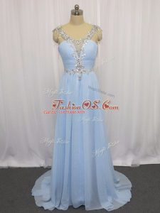 Fantastic Blue Evening Dress Chiffon Brush Train Sleeveless Beading and Ruching