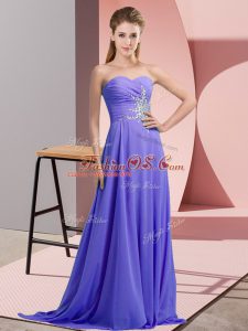 Beading and Ruching Prom Dress Lavender Lace Up Sleeveless Floor Length