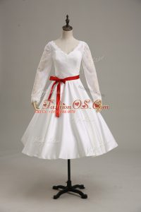 White Ball Gowns Lace and Sashes ribbons Wedding Dress Clasp Handle Satin Long Sleeves Tea Length