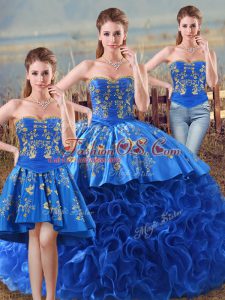 Luxurious Sleeveless Fabric With Rolling Flowers Floor Length Lace Up Quinceanera Gowns in Royal Blue with Embroidery and Ruffles