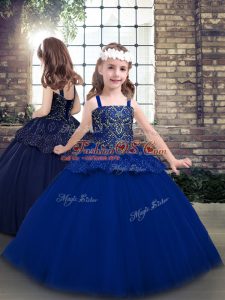 Floor Length Blue Girls Pageant Dresses Straps Sleeveless Lace Up