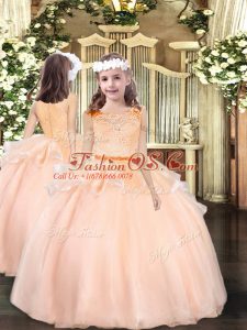 Custom Fit Sleeveless Organza Floor Length Zipper Little Girl Pageant Gowns in Peach with Lace