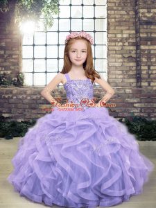 Lavender Sleeveless Floor Length Beading and Ruffles Lace Up Little Girl Pageant Dress