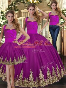 Artistic Fuchsia Three Pieces Halter Top Sleeveless Tulle Floor Length Lace Up Embroidery Sweet 16 Quinceanera Dress