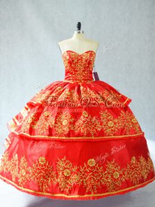 Admirable Sleeveless Floor Length Embroidery and Ruffled Layers Lace Up Quinceanera Gowns with Red