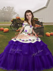 Sleeveless Tulle Floor Length Lace Up Kids Formal Wear in Purple with Embroidery and Ruffled Layers