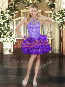 Fine Sleeveless Organza Mini Length Lace Up Prom Dresses in Purple with Beading and Ruffles