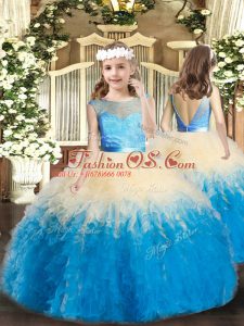 Multi-color Sleeveless Floor Length Lace and Ruffles Backless Pageant Gowns For Girls