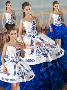 Delicate Sweetheart Sleeveless Quinceanera Gowns Floor Length Embroidery and Ruffles Blue And White Satin and Organza