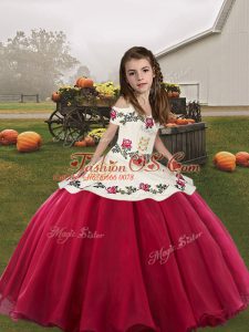High Class Sleeveless Organza Floor Length Lace Up Pageant Gowns For Girls in Coral Red with Embroidery