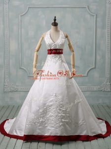 Modest Halter Top Sleeveless Satin Wedding Gown Beading and Embroidery Brush Train Lace Up