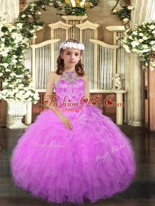Luxurious Tulle Halter Top Sleeveless Lace Up Beading and Ruffles Pageant Gowns For Girls in Lilac