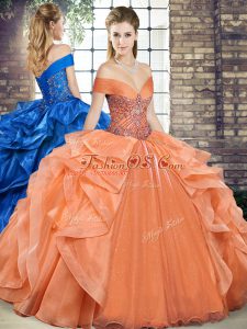 Organza Off The Shoulder Sleeveless Lace Up Beading and Ruffles 15 Quinceanera Dress in Orange