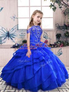 Royal Blue Organza Lace Up Pageant Gowns For Girls Sleeveless Floor Length Beading