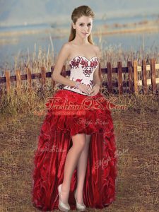 Red Lace Up Prom Party Dress Embroidery and Ruffles Sleeveless High Low